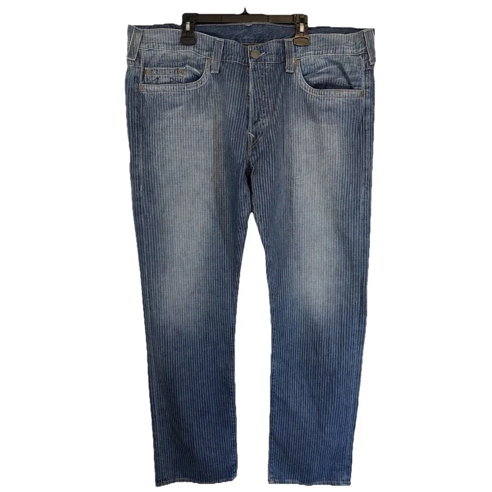 TRUE RELIGION Jeans Mens 44X33 Med Blue Wash Geno Pinstripe Straight Leg